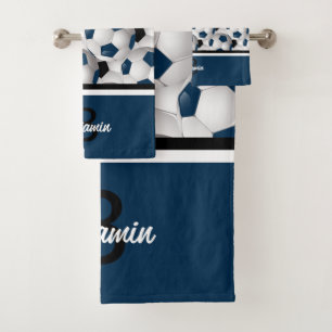Monogram Dark Blue Black Soccer Ball Pattern Bath Towel Set