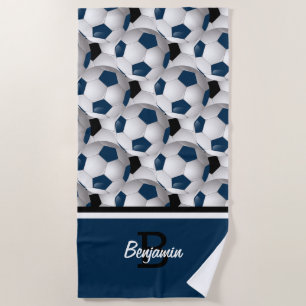 Monogram Dark Blue Black Soccer Ball Pattern Beach Towel