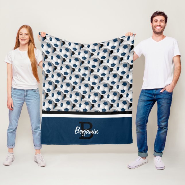 Monogram Dark Blue Black Soccer Ball Pattern Fleece Blanket (In Situ)