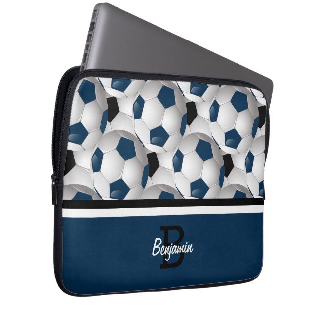 Monogram Dark Blue Black Soccer Ball Pattern Laptop Sleeve (Front Right)