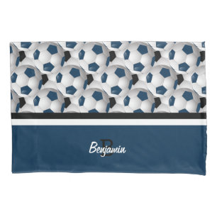 Monogram Dark Blue Black Soccer Ball Pattern Pillowcase