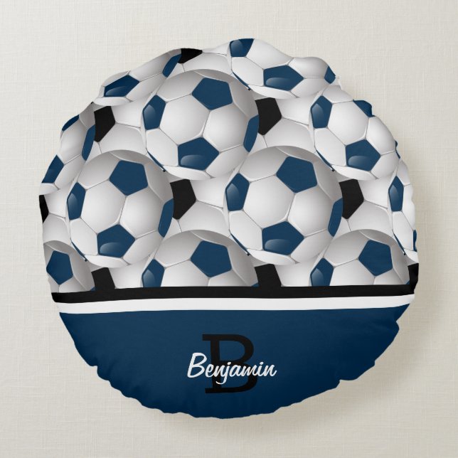 Monogram Dark Blue Black Soccer Ball Pattern Round Pillow (Back)