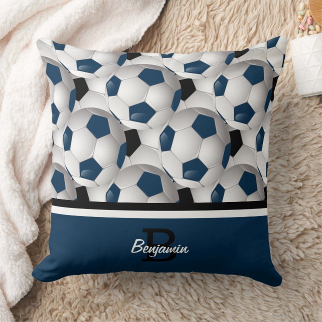 Monogram Dark Blue Black Soccer Ball Pattern Throw Pillow (Blanket)