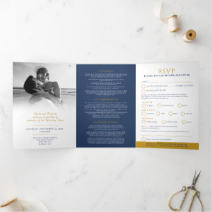 Monogram dark blue gold leaf wedding option RSVP Tri-Fold Invitation