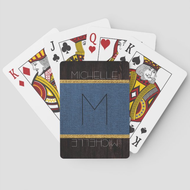 Monogram Dark Blue Rustic Burlap Wood Look Playing Cards (Back)