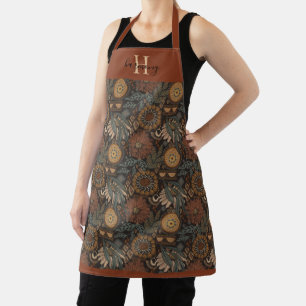 Monogram Dark Boho Terracotta Sage Botanical  Apron