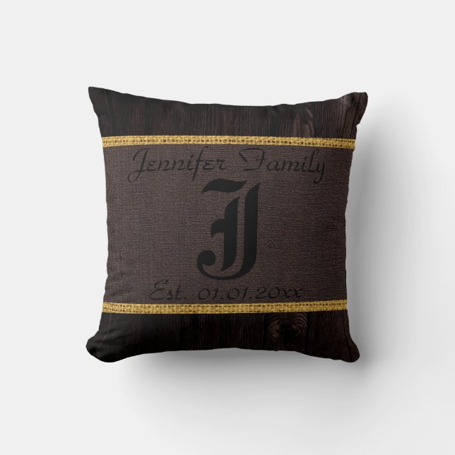 Monogram Dark Brown Rustic Burlap Linen Wood Look Throw Pillow (Front)