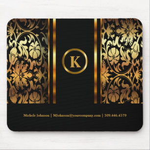 Monogram Dark Gold & Black Floral Damask Mouse Pad