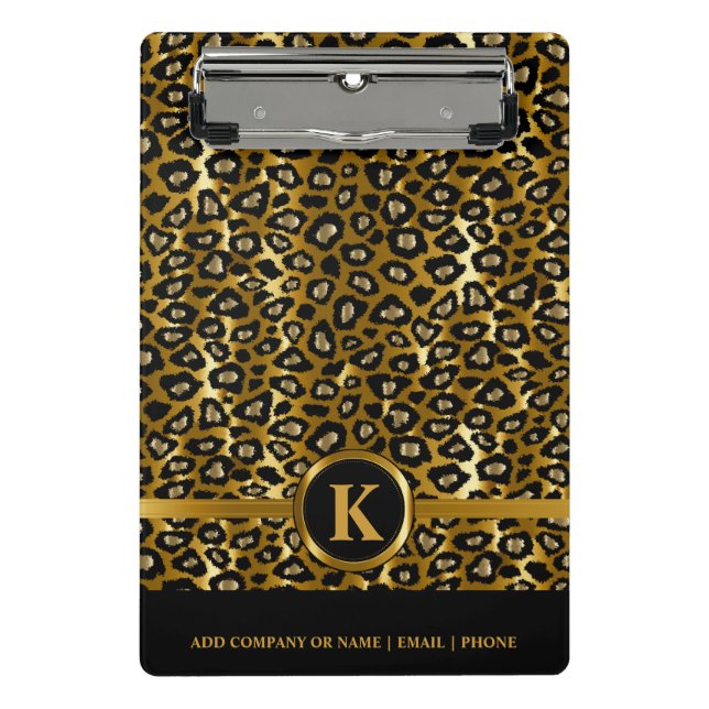 Monogram Dark Gold & Black Leopard Pattern Mini Clipboard (Front)