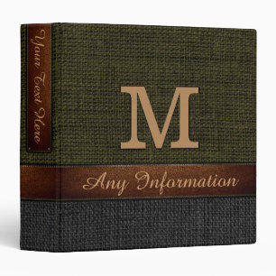 Monogram Dark Green & Black Burlap Rustic Jute Binder