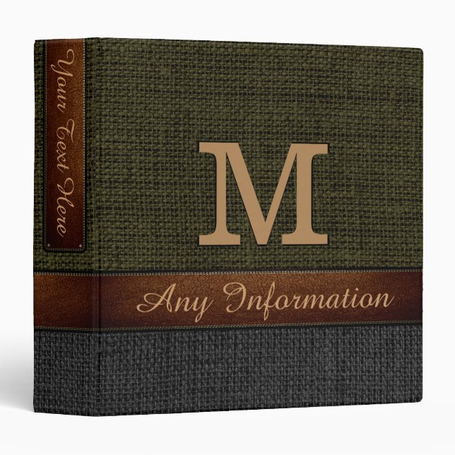 Monogram Dark Green & Black Burlap Rustic Jute Binder (Front/Spine)