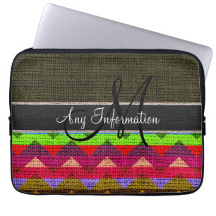 Monogram Dark Green Chevron Zigzag Burlap Jute Laptop Sleeve