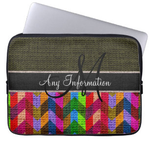 Monogram Dark Green Chevron Zigzag Burlap Jute Laptop Sleeve