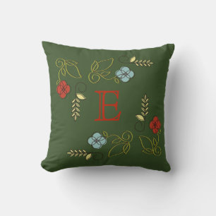 Monogram Dark Green Flowers Wedding Pillow