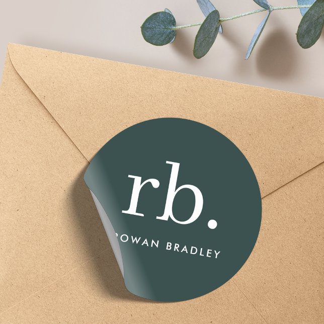 Monogram Dark Green Modern Minimalist Classic Round Sticker (Creator Uploaded)
