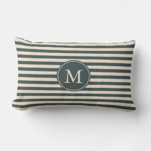 Monogram Dark Green Off-White Striped Pattern Lumbar Pillow
