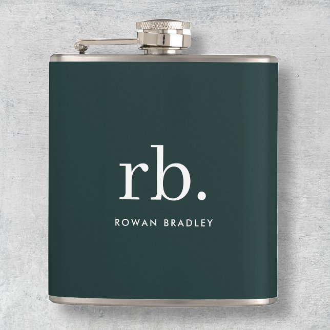 Monogram Dark Green Stylish Modern Minimalist Hip Flask (Creator Uploaded)