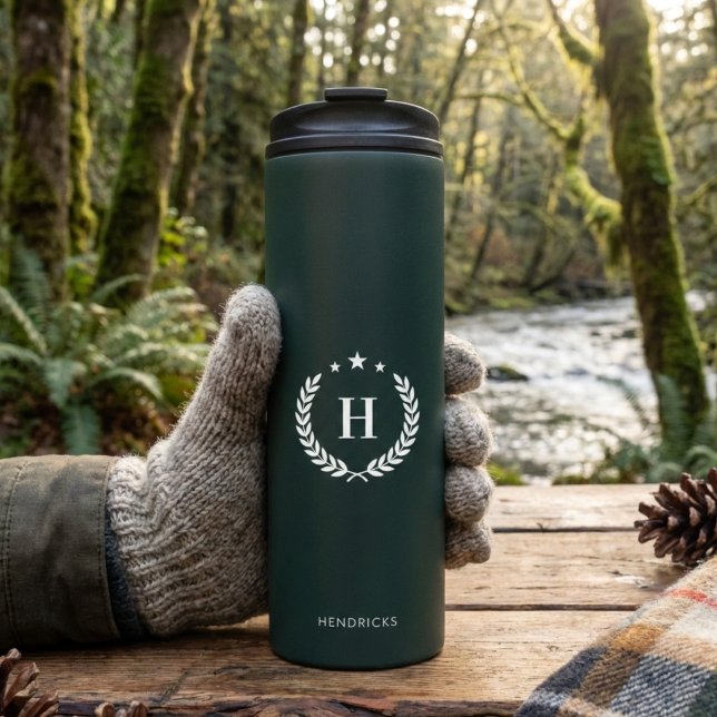 Monogram Dark Green Stylish Modern Minimalist Thermal Tumbler (Creator Uploaded)