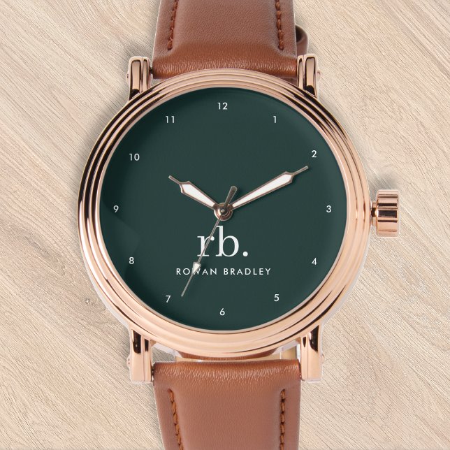 Monogram Dark Green Stylish Modern Minimalist Watc Watch (Stylish dark green custom monogram watch.)