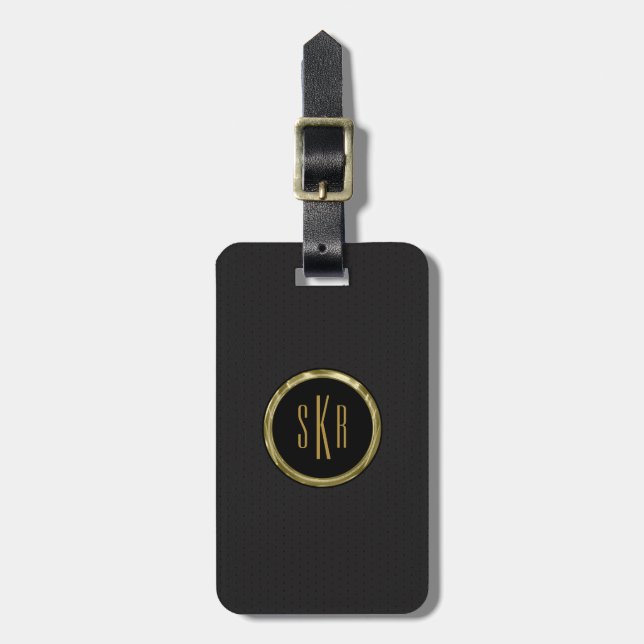 Monogram Dark Grey Leather & Gold Luggage Tag (Front Vertical)