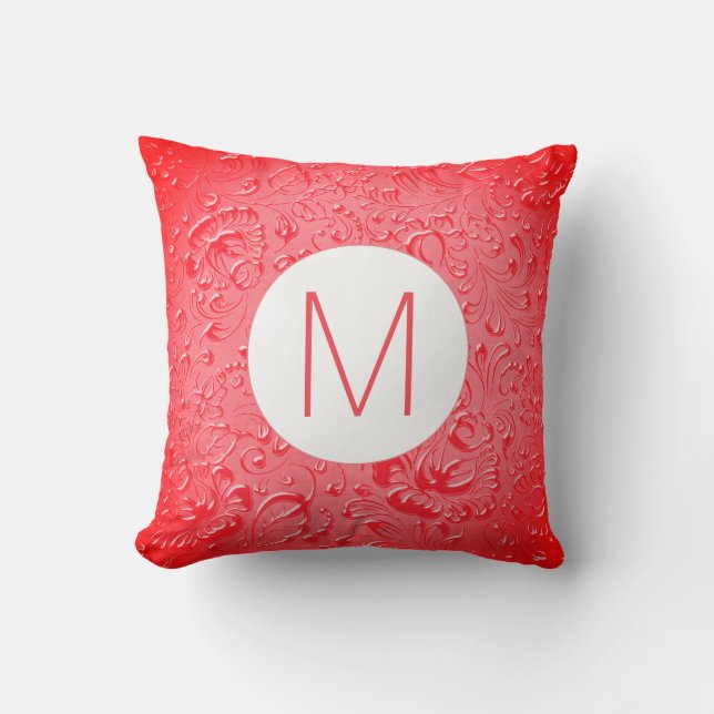 Monogram Dark Pink Colour Embossed Floral Throw Pillow (Front)
