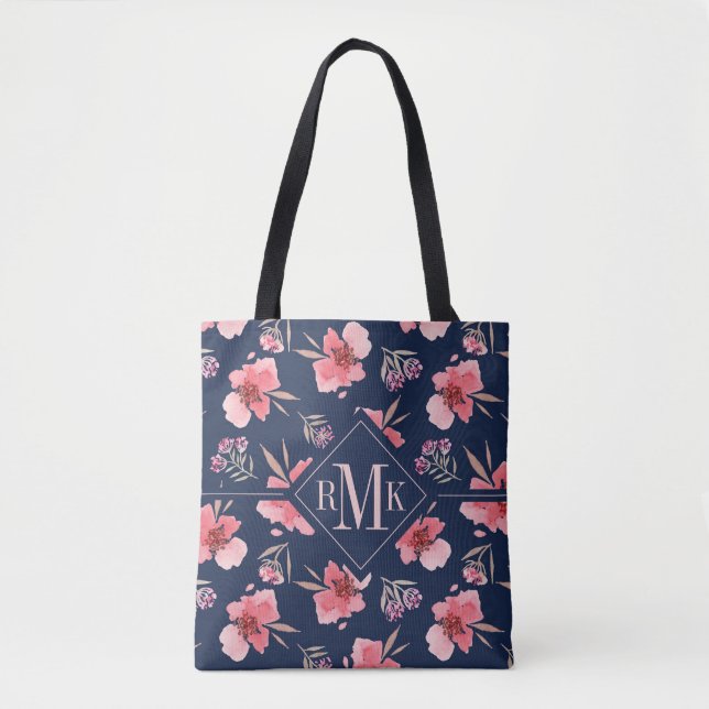 Monogram | Dark Pink Watercolor Pattern Tote Bag (Front)