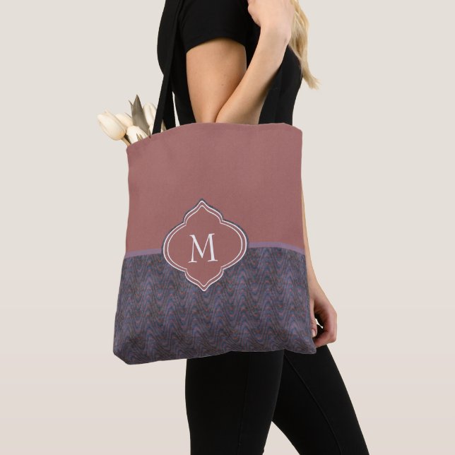 Monogram Dark Purple Blue Rust Waves Tote Bag (Close Up)