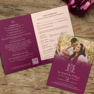 Monogram dark red crown wedding meal option RSVP Invitation