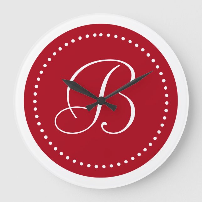 Monogram Dark Red/White Dot Border Large Clock (Front)