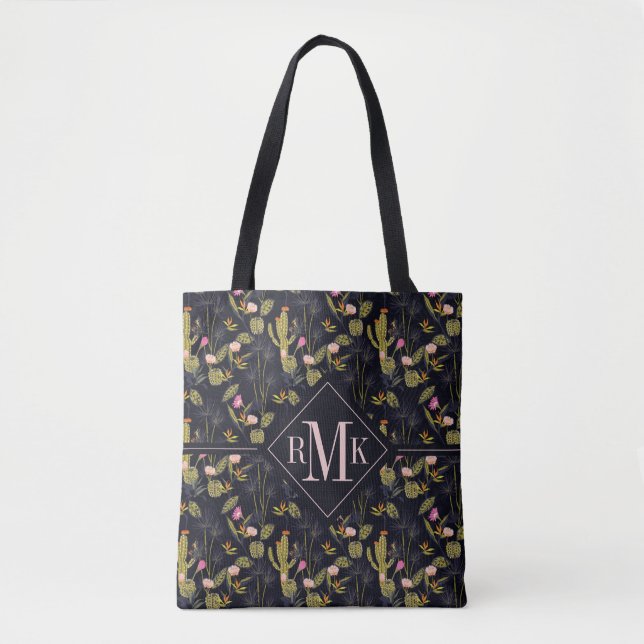 Monogram | Dark Summer Night Cactus Pattern Tote Bag (Front)
