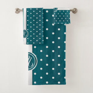 Monogram Dark Teal and White Polka Dot Pattern Bath Towel Set