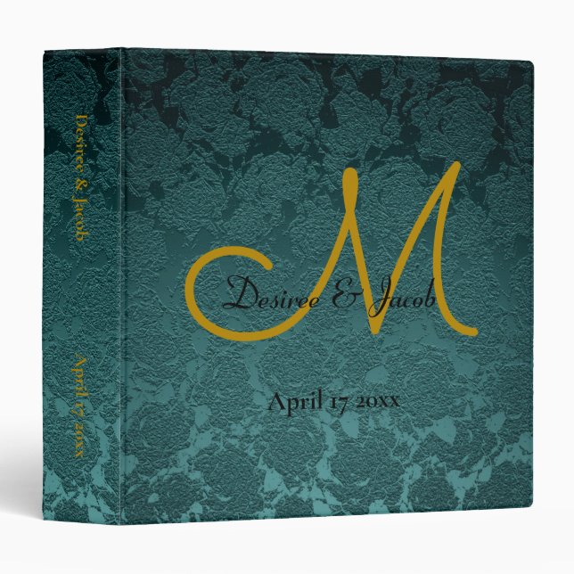 Monogram Dark Teal Gold Black Wedding Album Binder (Front/Spine)