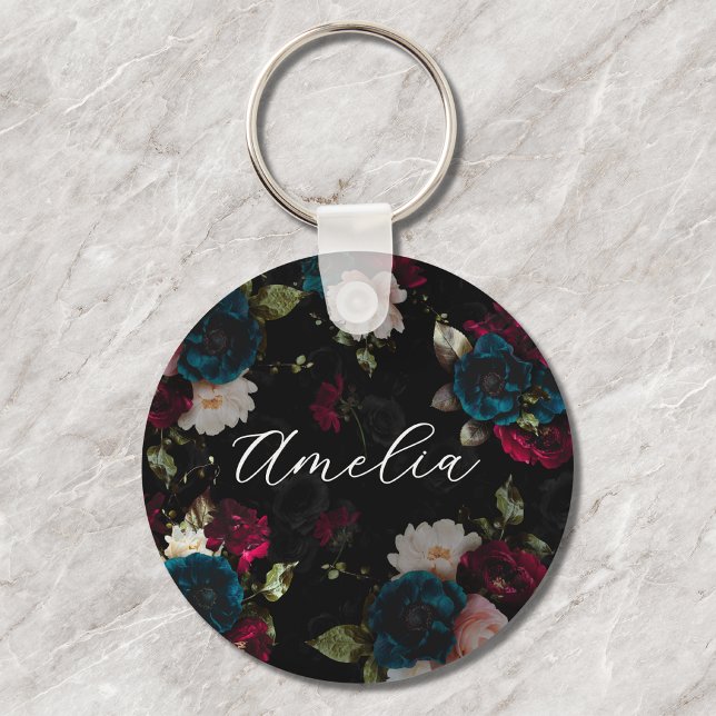 Monogram Dark Turquoise Red Floral Bloom Keychain (Creator Uploaded)