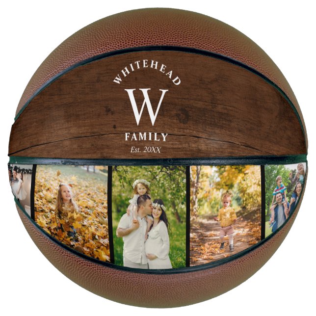 Monogram Dark Wood 5 Photo Collage Basketball (Front)