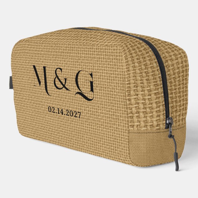 Monogram Date on Natural Jute Burlap Textured Dopp Kit (Right Corner)