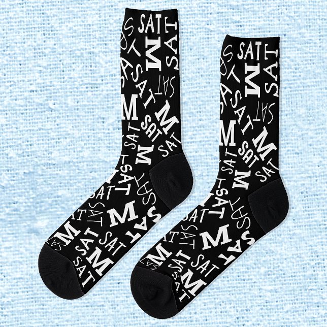 Monogram Day Of Week Black And White Saturday Socks (Creator Uploaded)