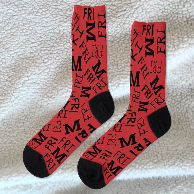 Monogram Day Of Week Red And Black Friday Socks (Creator Uploaded)