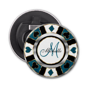 Monogram Deep Blue Teal Poker Chip Design Bottle Opener