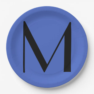Monogram Deep Royal Black Modern Add Name Initial Paper Plate
