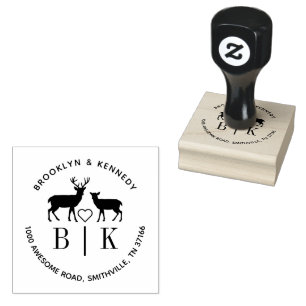 Monogram Deer Wedding Couple Name Return Address Rubber Stamp