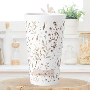 Monogram Delicate Brown Wildflowers Leaves Latte Mug