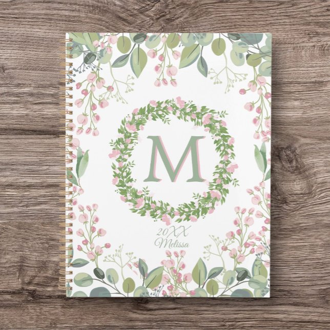 Monogram Delicate Sage Pink Floral Journal/Planner Planner (Monogrammed custom Journal/Planner. Pretty and Floral. So many uses for this product. A nice gift.)