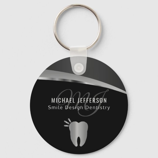 Monogram Dentist Office  - Black and Silver Gray Keychain (Front)