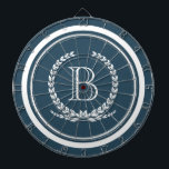 Monogram design dartboard<br><div class="desc">Monogram design with laurel wreath decoration in striped round shape on blue background</div>
