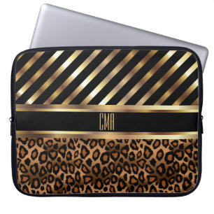 Monogram Design    Gold Stripes and Leopard Skin Laptop Sleeve