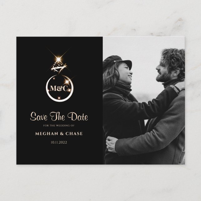 Monogram Diamond Ring Photo Save The Date Announcement Postcard (Front)