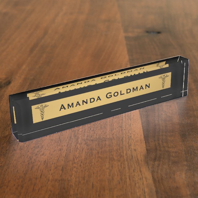 Monogram Doctor Nurse Black and Gold Caduceus Nameplate (Side)