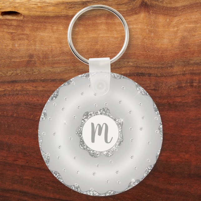 Monogram doughnut silver glitter script chic girly keychain (Front)