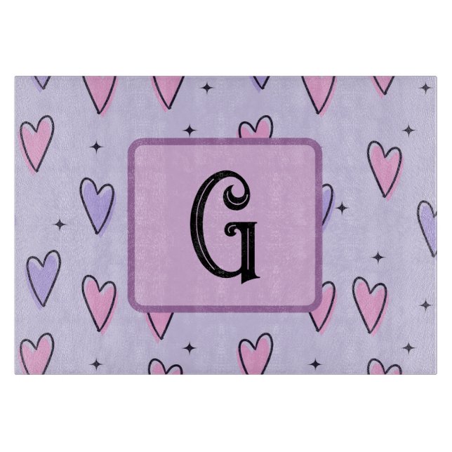 Monogram Drawing of Whimsical Small Hearts Pink  Cutting Board (Front)