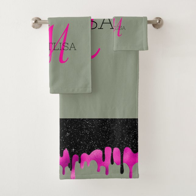 Monogram Dripping Glitter Sage Green Hot Pink  Bath Towel Set (Insitu)